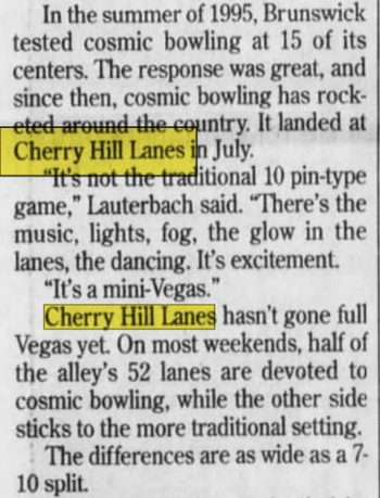 Cherry Hill Lanes - Oct 1996 - Cosmic Bowling Added